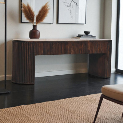 Artisan Furniture Solid Wood Velvet Mocha Fluted Bench, Dark Brown - image 1