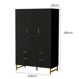 3-Doors Wardrobe Cabinet With 4 Drawers, Hanging Rail-118X55X185 Cm - thumbnail 5