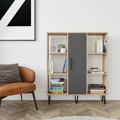 Decorotika Peoria 6 Shelves And A  Cabinet Bookcase Oak & Anthracite - image 1