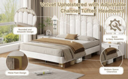 Btm 3Ft Single Velvet Bed, Scalloped Tufted Design, Adjustable Headboard, Gold Metal Feet, Beige (No Mattress) - thumbnail 7