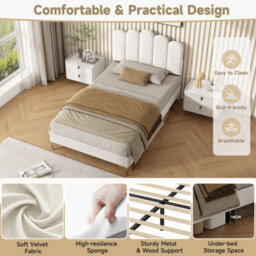 Btm 3Ft Single Velvet Bed, Scalloped Tufted Design, Adjustable Headboard, Gold Metal Feet, Beige (No Mattress) - thumbnail 5