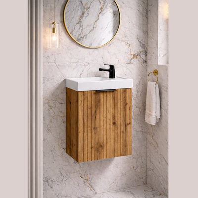 Impact Furniture Cloakroom Vanity Unit With Sink 400mm Ribbed Fluted Oak Modern Wall Hung Bathroom Cabinet Slimline Narrow Adel - image 1