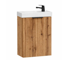 Impact Furniture Cloakroom Vanity Unit With Sink 400mm Ribbed Fluted Oak Modern Wall Hung Bathroom Cabinet Slimline Narrow Adel - thumbnail 3