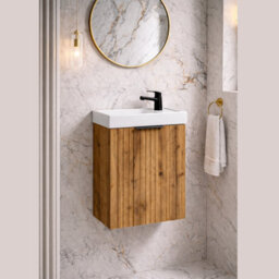 Impact Furniture Cloakroom Vanity Unit With Sink 400mm Ribbed Fluted Oak Modern Wall Hung Bathroom Cabinet Slimline Narrow Adel - thumbnail 1