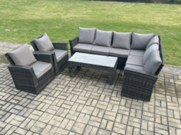 Fimous 8 Seat Rattan Garden Furniture Corner Sofa Set Outdoor Patio Sofa Chair Table Set With Cushions Dark Grey Mixed - thumbnail 2