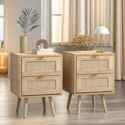Pirlo Plush 2Pc Wooden Rattan Bedside Tables With 2 Drawers - thumbnail 4