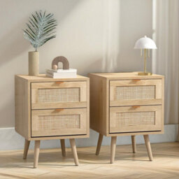 Pirlo Plush 2Pc Wooden Rattan Bedside Tables With 2 Drawers