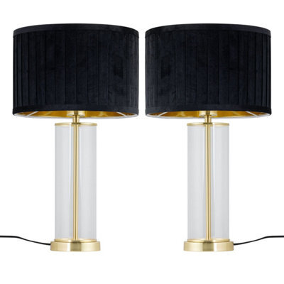 First Choice Lighting Set Of 2 Aura - Satin Brass Lamps With Black Pleated Velvet Shades - image 1
