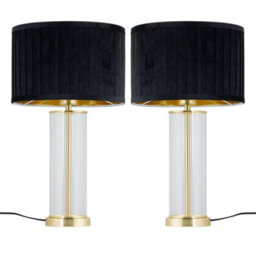 First Choice Lighting Set Of 2 Aura - Satin Brass Lamps With Black Pleated Velvet Shades - thumbnail 1