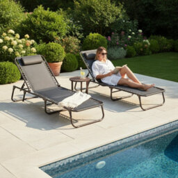 Garden Market Place The Garden Marketplace Garden Sun Loungers, Padded Textoline, Reclining Comfort, Adjustable Backrests, Brown Tweed, Set Of 2 - thumbnail 2