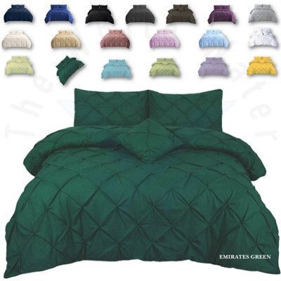 TheWhiteWater Limited Pintuck Duvet Cover Set + Matching Pillowcases, Hand Stitches Quilt Bedding Set - Emirates Green - image 1