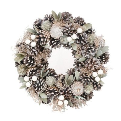 Artificial Christmas Wreath With Sage Green Foliage, Silver Cones And White Berries. (Dia) 30 Cm