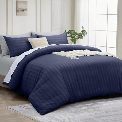 Bedlooms Navy Stripe Duvet Cover Complete Bedding Set, Breathable & Anti-Allergic Microfiber, Single 135X200Cm - image 1