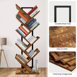 Rustic Brown + Black 9 Tier Bookshelf Tree Shape Bookcase Floor Standing Shelves Storage Furniture - thumbnail 5