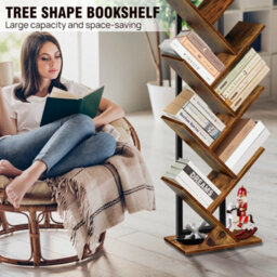 Rustic Brown + Black 9 Tier Bookshelf Tree Shape Bookcase Floor Standing Shelves Storage Furniture - thumbnail 3