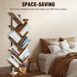 Rustic Brown + Black 9 Tier Bookshelf Tree Shape Bookcase Floor Standing Shelves Storage Furniture - thumbnail 6