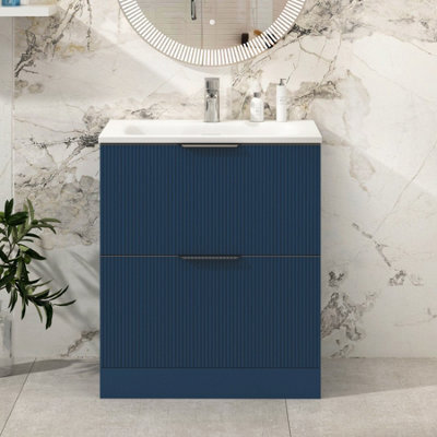 Royal Bathrooms Evora 700mm Midnight Blue Fluted Floor Standing Bathroom Vanity Unit 2 Drawer Cabinet Storage With Stone Basin Sink - 1 Tap Hole - image 1
