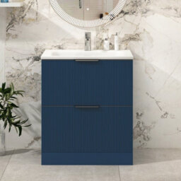 Royal Bathrooms Evora 700mm Midnight Blue Fluted Floor Standing Bathroom Vanity Unit 2 Drawer Cabinet Storage With Stone Basin Sink - 1 Tap Hole