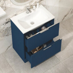 Royal Bathrooms Evora 700mm Midnight Blue Fluted Floor Standing Bathroom Vanity Unit 2 Drawer Cabinet Storage With Stone Basin Sink - 1 Tap Hole - thumbnail 3