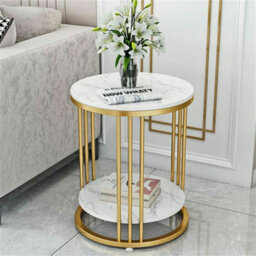 Fativo Steady 2 Tiers Sintered Stone Marble Round Sofa Side Table Sintered Stone Top Marble Effect/gold Frame
