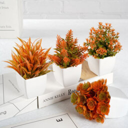 CLEFFNS 4 Pack Mini Fall Artificial Potted Plants, Fake Autumn Flowers With White Plastic Pots, Small Faux Floral Arrangement Desk Decor - thumbnail 1