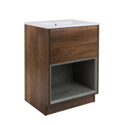 Homestylestore Dark Oak 612mm Bathroom Vanity Unit Led Lit Open Shelf And Chalk Basin