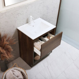 Homestylestore Dark Oak 612mm Bathroom Vanity Unit Led Lit Open Shelf And Chalk Basin - thumbnail 2