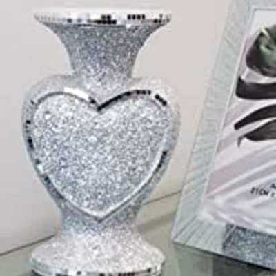 Biznest 30Cm Heart Shape Crushed Diamond Glitter Silver Sparkle Flower Vase Luxury Home Decoration Flower Pot For Gift