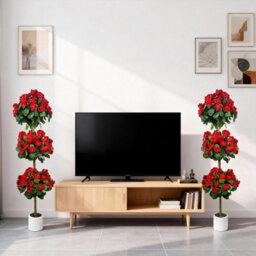 London Boutique Artificial Geranium Tree 150 Cm, Faux Flower Topiary Plant, Three Ball Design, Uv Resistant, Red Plant In Pot - thumbnail 7
