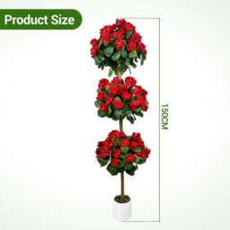 London Boutique Artificial Geranium Tree 150 Cm, Faux Flower Topiary Plant, Three Ball Design, Uv Resistant, Red Plant In Pot - thumbnail 4