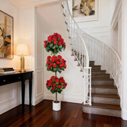 London Boutique Artificial Geranium Tree 150 Cm, Faux Flower Topiary Plant, Three Ball Design, Uv Resistant, Red Plant In Pot - thumbnail 3