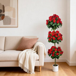 London Boutique Artificial Geranium Tree 150 Cm, Faux Flower Topiary Plant, Three Ball Design, Uv Resistant, Red Plant In Pot - thumbnail 5