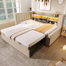 Btm 3Ft Upholstered Daybed 90X190Cm With Storage, Usb & Type-C, Pull-Out Trundle, Linen Beige - thumbnail 8