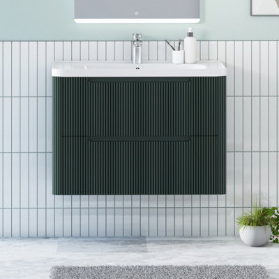 Royal Bathrooms Avenza 800mm Fluted Wall Hung Vanity Unit Deep Moss Green 2 Drawer Storage Cabinet With Ceramic Basin - image 1