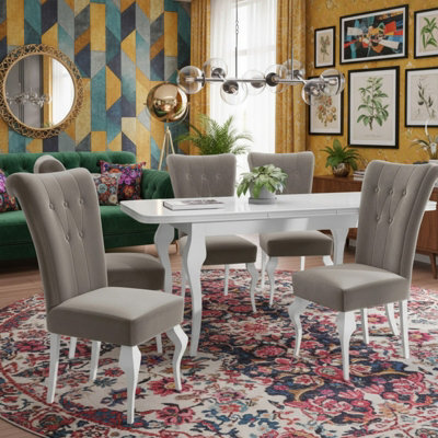 Lara Extendable Dining Table Set With 6 St63 Dining Chairs Mdf Hdf Chipboard Wood 140 To 180 Cm White And Beige - image 1