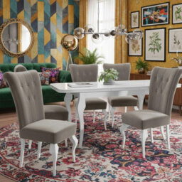 Lara Extendable Dining Table Set With 6 St63 Dining Chairs Mdf Hdf Chipboard Wood 140 To 180 Cm White And Beige - thumbnail 1