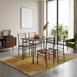 Living And Home Modern Oak Rectangular Dining Table And Chair Set For 4, Black Metal Frame - thumbnail 1