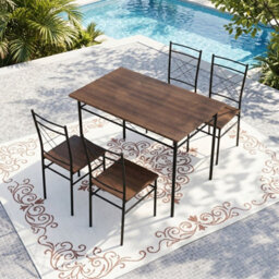 Living And Home Modern Oak Rectangular Dining Table And Chair Set For 4, Black Metal Frame - thumbnail 2