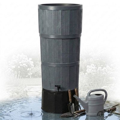 Pluto Packaging 150L Graphite Xl Premium Oak Wood Water Butt Complete With Stand, Tap, Rain Diverter & Lid - image 1