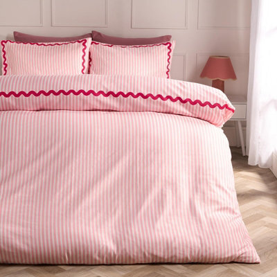 Ohs Stripe Wave Border Bedding Set Microfibre Duvet Cover With Pillowcase, Pink - Single - image 1