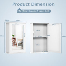 Costway Mirrored Bathroom Cabinet Wall Mount Storage Cabinet W/ Single Door-White - thumbnail 2