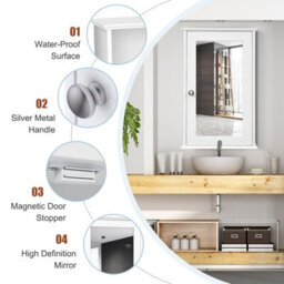 Costway Mirrored Bathroom Cabinet Wall Mount Storage Cabinet W/ Single Door-White - thumbnail 9