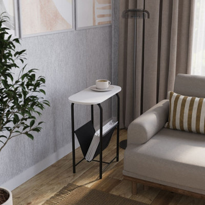 Urbn-Living Urbnliving 58Cm Height Slim Oval Side End White Table With Magazine Newspapers Holder Sling Rack - image 1