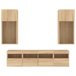 Berkfield Versatile 5 Piece Tv Wall Units With Led Sonoma Oak Engineered Wood - thumbnail 6