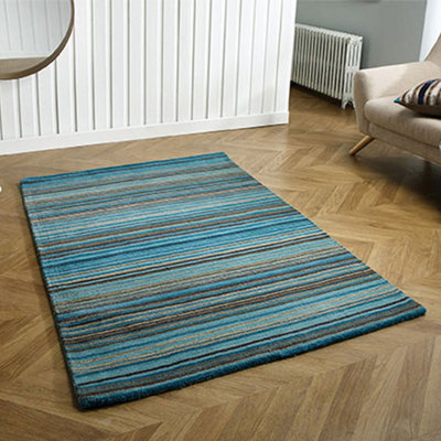 Handmade Easy To Clean Modern Striped Teal Wool Rug For Living Room & Bedroom-200Cm X 285Cm - image 1