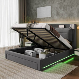 Matteo Deluxe Double Velvet Ottoman Bed Frame - Dark Grey - Hydraulic Storage & Led Lights - thumbnail 3