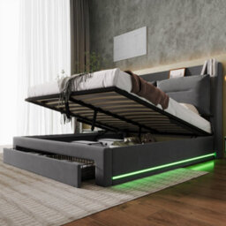 Matteo Deluxe Double Velvet Ottoman Bed Frame - Dark Grey - Hydraulic Storage & Led Lights - thumbnail 4