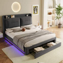 Matteo Deluxe Double Velvet Ottoman Bed Frame - Dark Grey - Hydraulic Storage & Led Lights - thumbnail 6