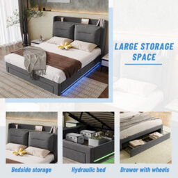 Matteo Deluxe Double Velvet Ottoman Bed Frame - Dark Grey - Hydraulic Storage & Led Lights - thumbnail 8