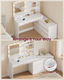 Vasagle Dressing Table With Led Lighted Mirror And Power Outlets, Modern Vanity Table With 9 Bulbs, 8 Drawers